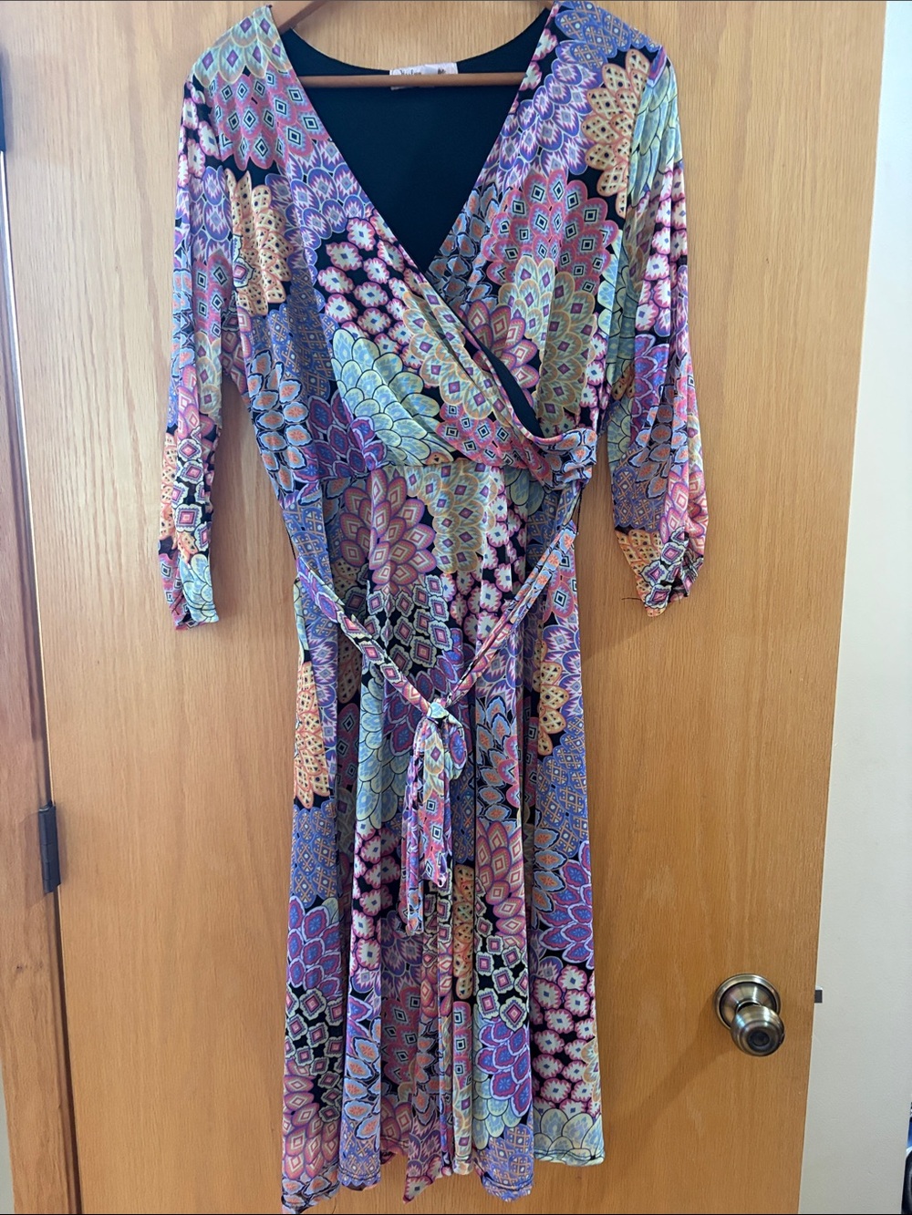 Mandala Multi-Color Faux Wrap Dress with 3/4 Sleeves